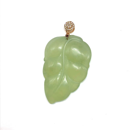 Frosty Sage Green Jade Gold Sterling Silver Leaf Pendant