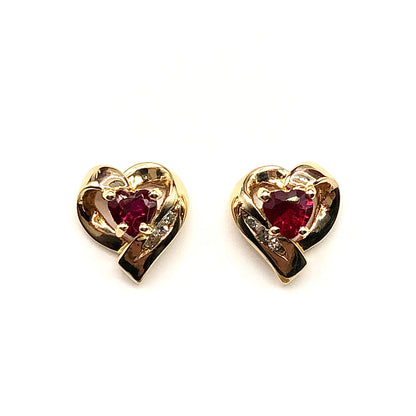 Earrings Womens 10k Gold Ruby & Diamond Looping Heart Earrings - Gemstone Stud Earrings