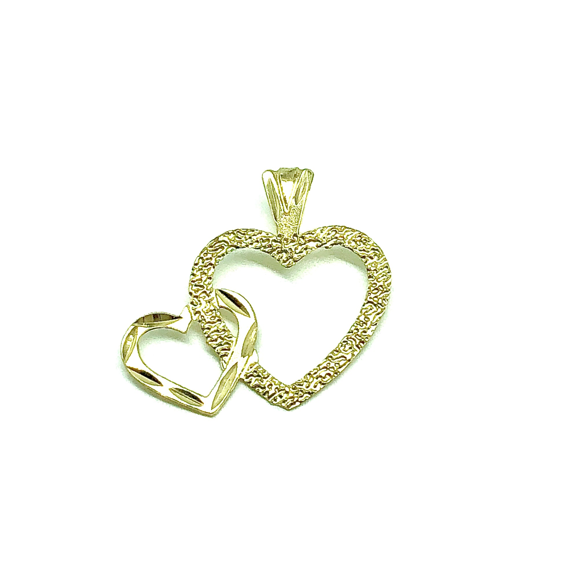 14k Yellow Gold Glittery Textured Two Heart Charm Pendant