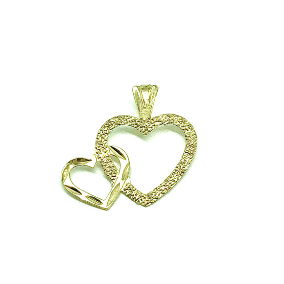 Jewelry Charm - Fun Love Textured Style 14k Gold Two Heart Design Pendant