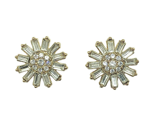 Shining White Crystal in Golden Daisy Flower Design Earrings