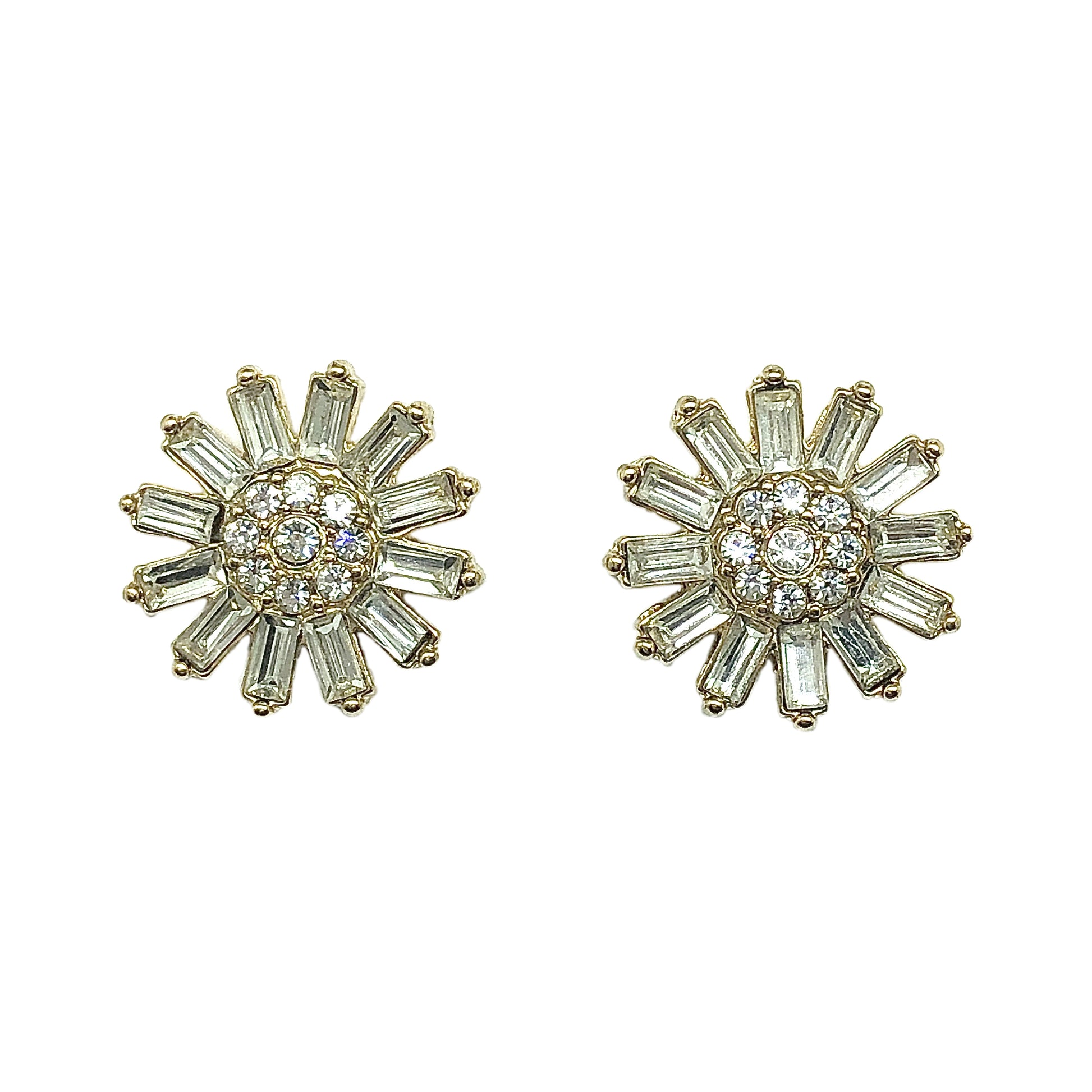 Shining White Crystal in Golden Daisy Flower Design Earrings