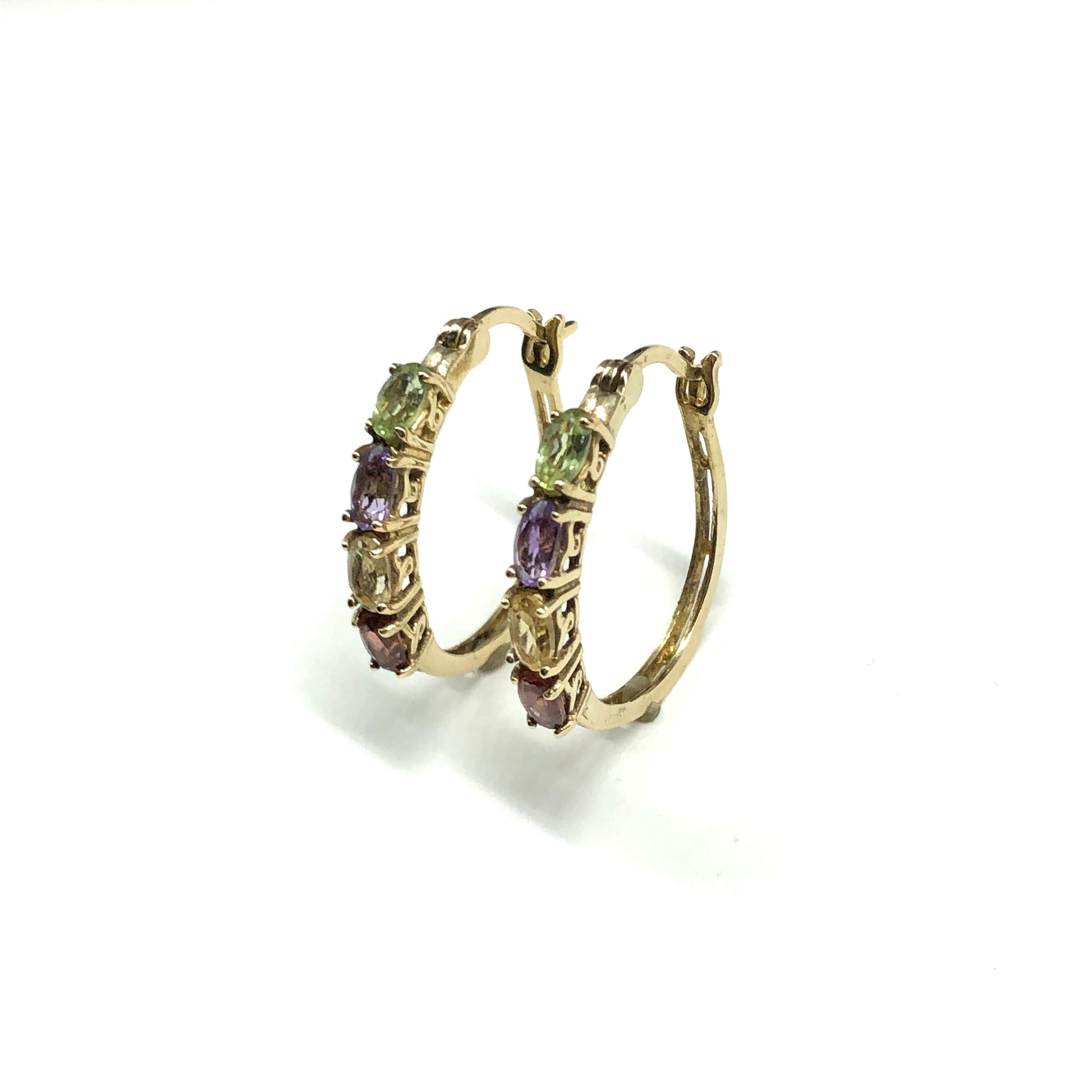 Gold Hoop Earrings - Estate Jewelry, Gold Plated, 925 Sterling Silver, Multi Oval Gemstone Hoop Earrings
