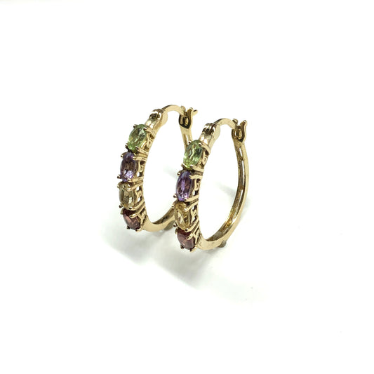 Gold Hoop Earrings - Estate Jewelry, Gold Plated, 925 Sterling Silver, Multi Oval Gemstone Hoop Earrings