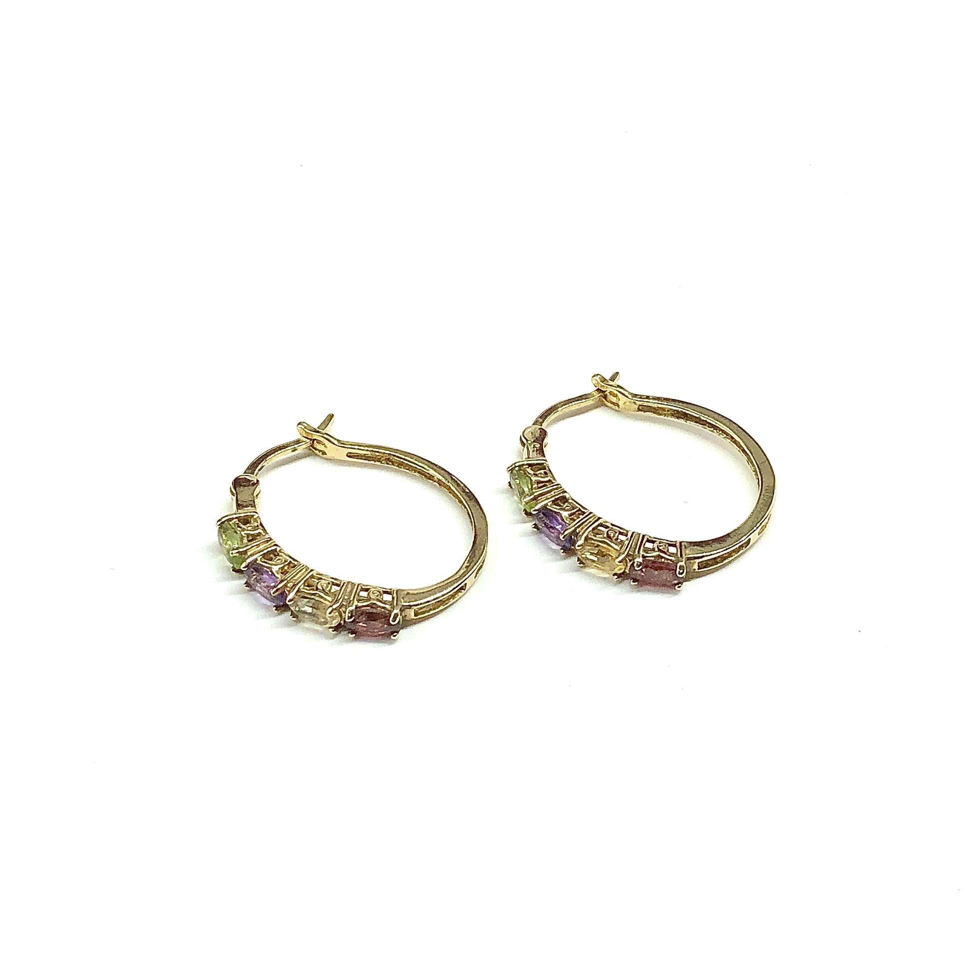 Gold Hoop Earrings - Used Jewelry, Gold Plated, 925 Sterling Silver, Multi Oval Gemstone Hoop Earrings