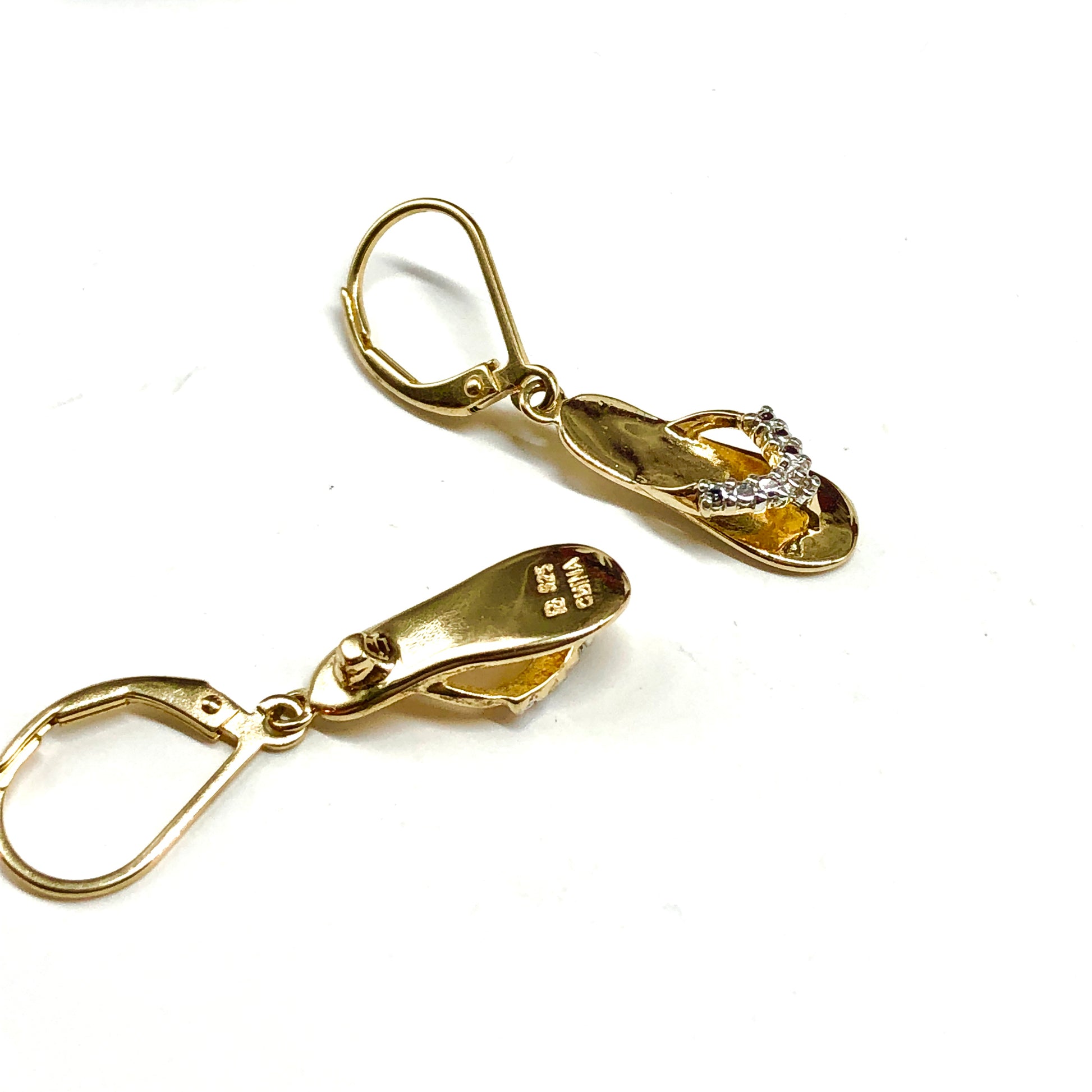 Flip-flop Charm Earrings Cute Gold Plated Sterling Silver Kitten Heel Style Cz Thong Sandal Dangle Earrings