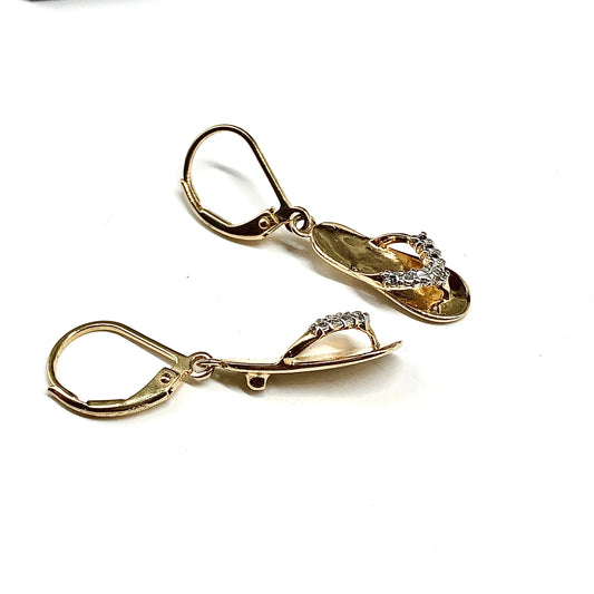 Flip-flop Charm Earrings Cute Gold Plated Sterling Silver Kitten Heel Style Cz Thong Sandal Dangle Earrings