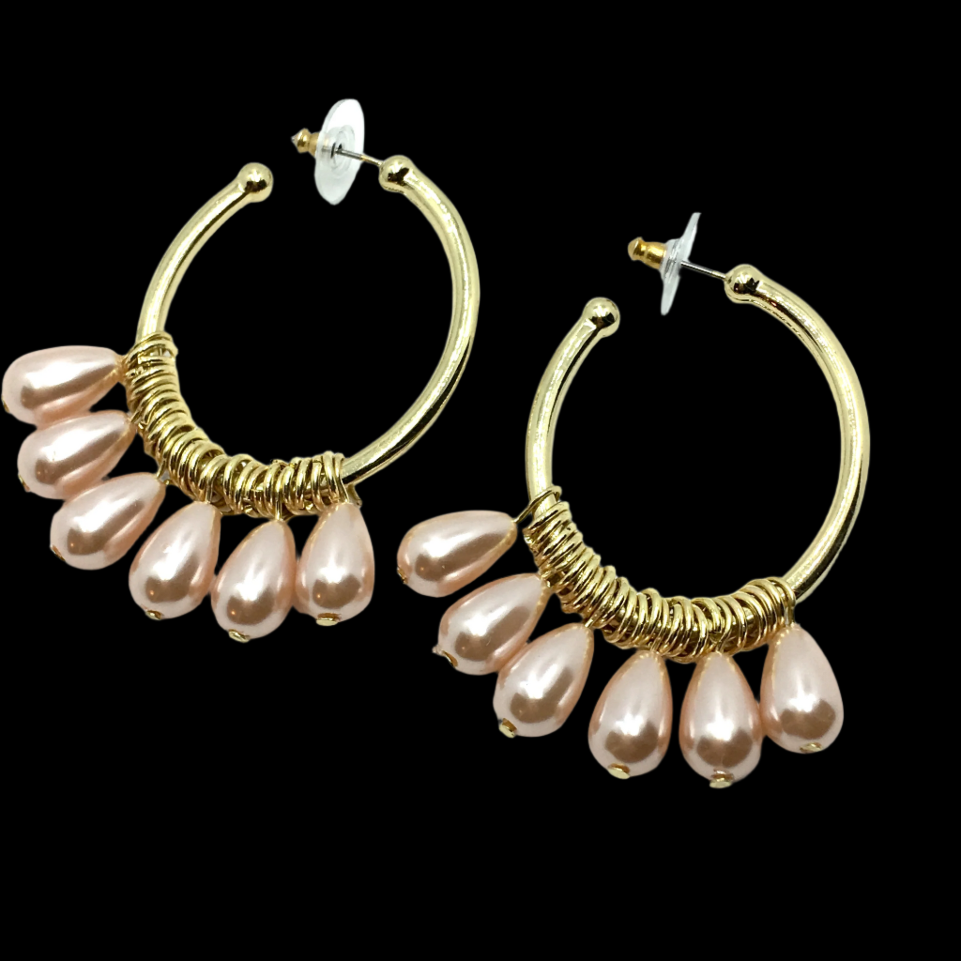 Gold Hoop Earrings Dangling Pink Pearl Hoop Earrings
