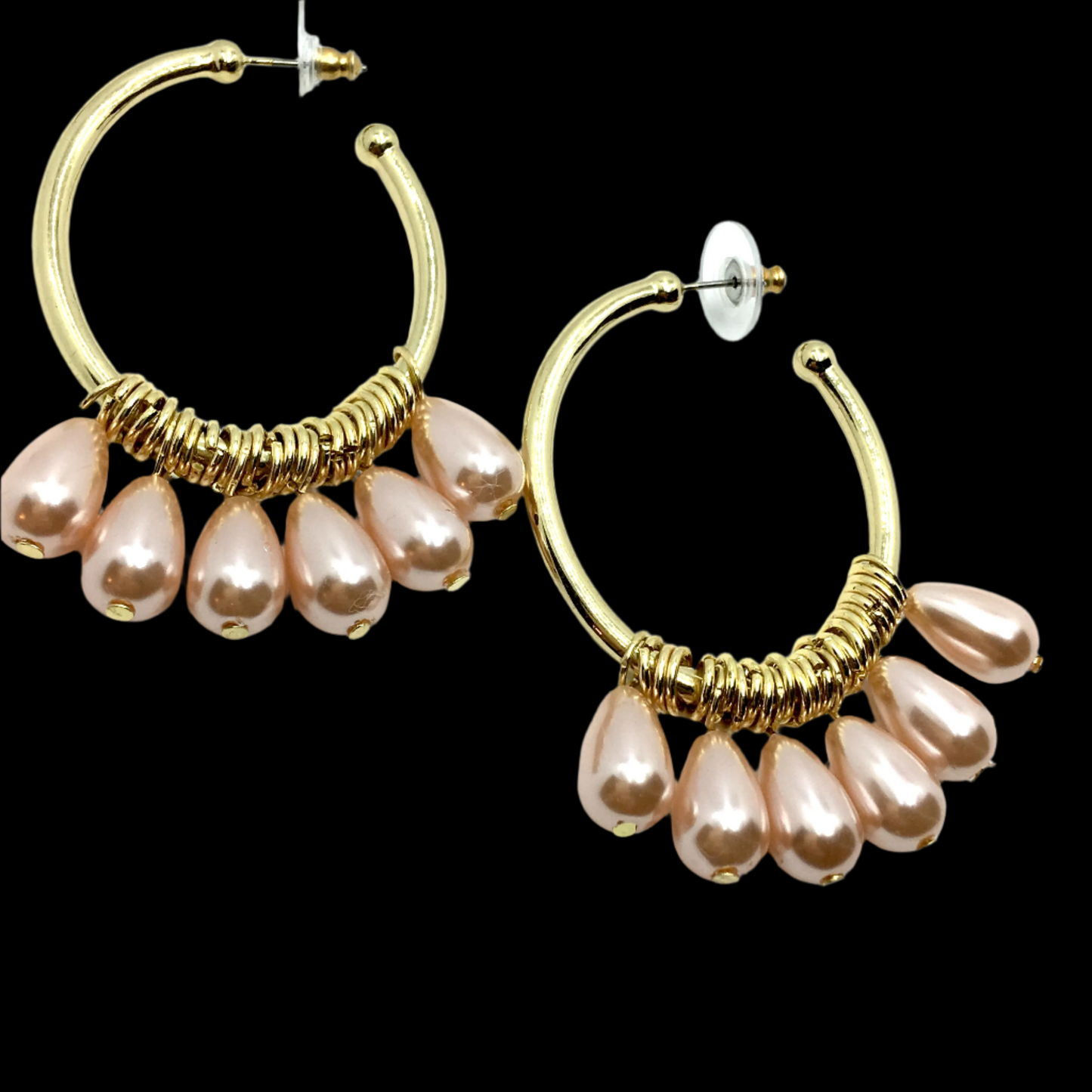 Dangling Pink Pearl Gold Oval Hoop Earrings