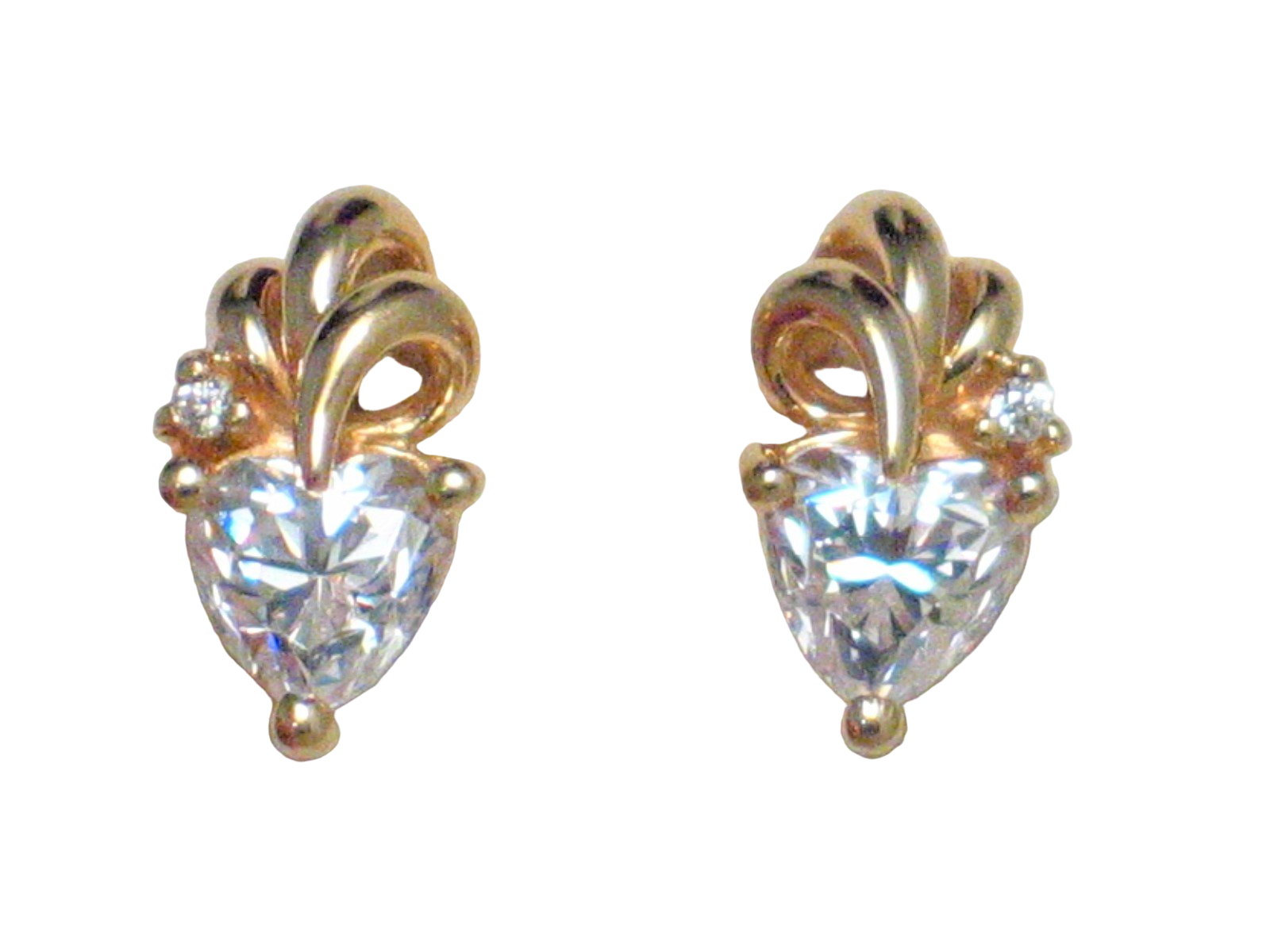 Stud Earrings, Shimmery Cz Heart & Billowy Plume Design 14k Yellow Gold Earrings