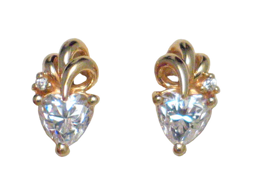 Stud Earrings, Shimmery Cz Heart & Billowy Plume Design 14k Yellow Gold Earrings