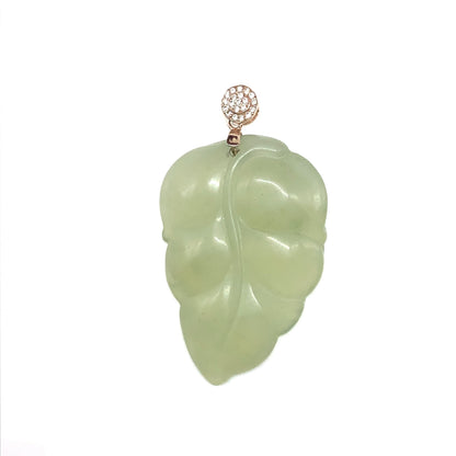 Frosty Sage Green Jade Gold Sterling Silver Leaf Pendant