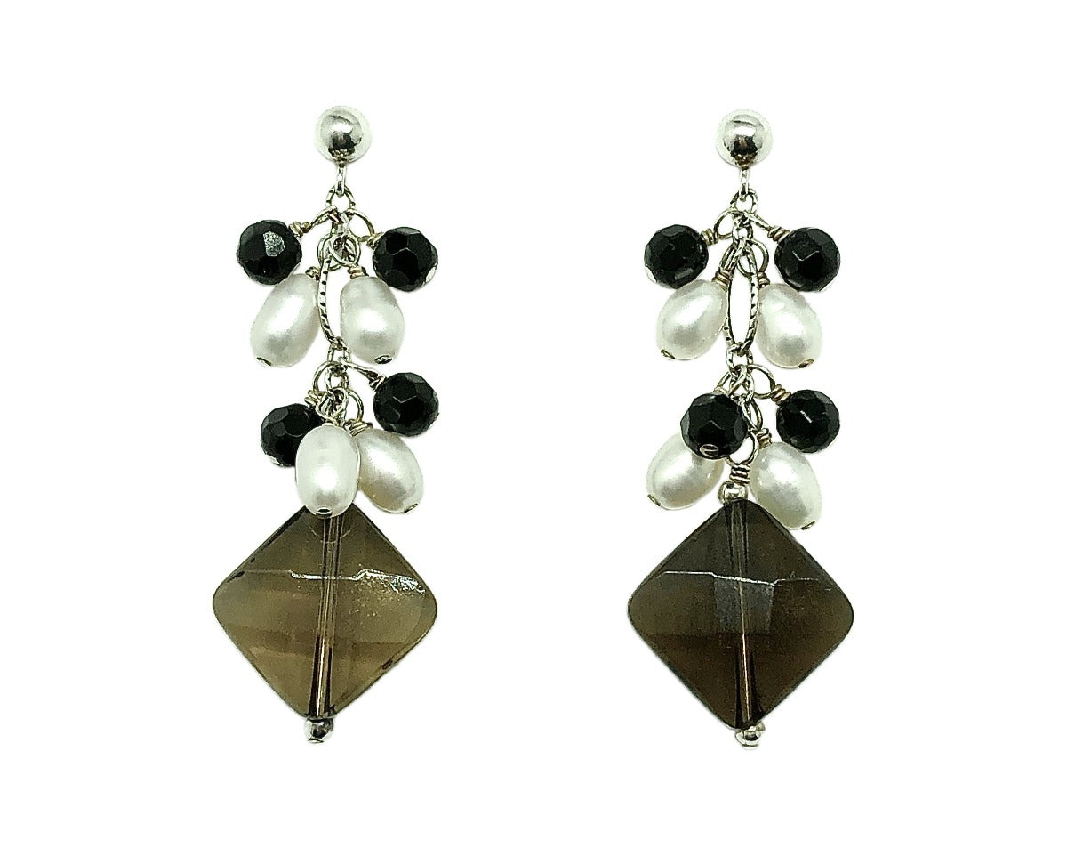 Blingschlingers Jewelry - Earrings Womens | Sterling Silver Smoky Quartz Gemstone Drop Pearl Earrings