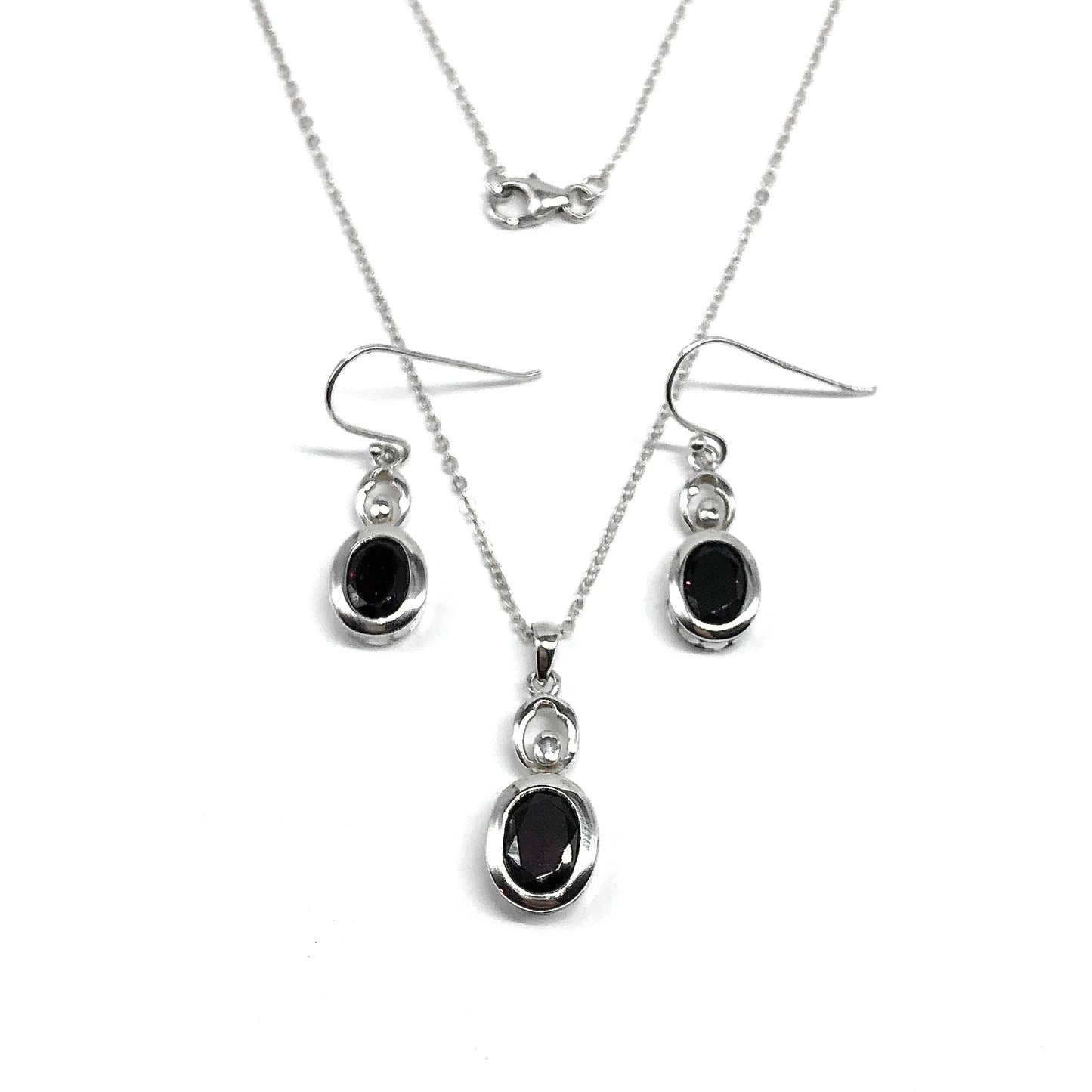 Dangle Earrings + Pendant Necklace Garnet Gemstone in Sterling Silver Matching set