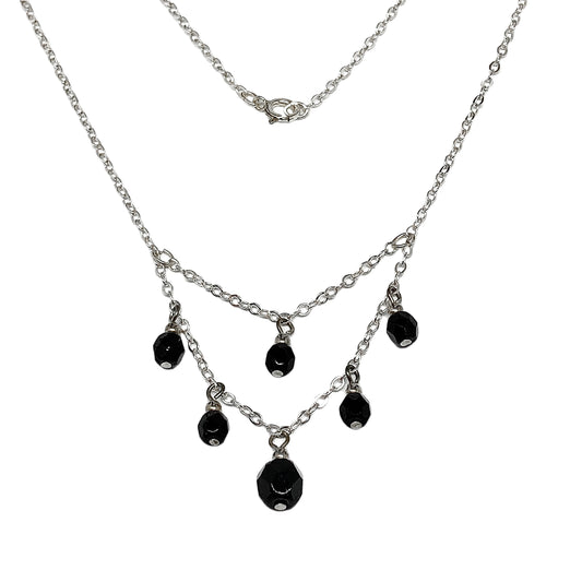 Short Sterling Silver Black Crystal Minimalist Style Y-Chain Tassel Necklace