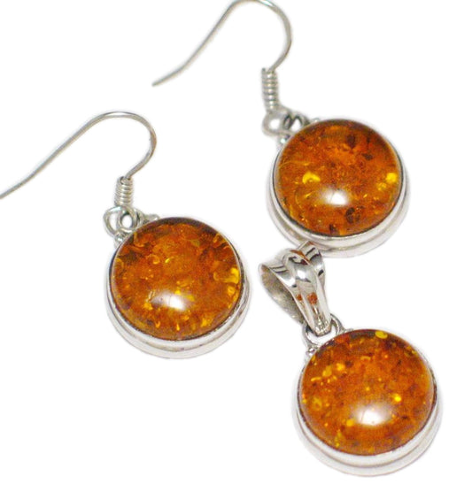Drop Earrings & Pendant set, Sterling Silver Bold Round Amber Stone Matching Jewelry set