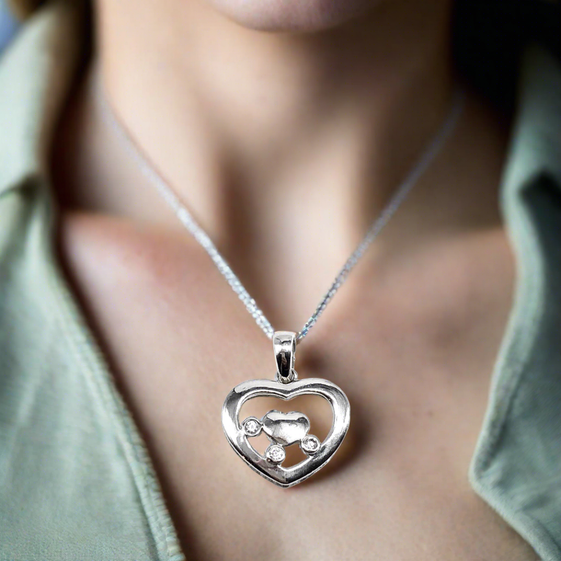 Heart Pendant, Women's White Cubic Zirconia Stone Heart Design Sterling Silver Pendant - Blingschlingers