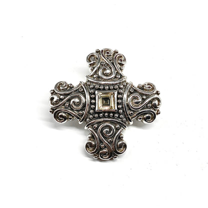 Estate Jewelry - Big Chunky Style Citrine Scrolling Design Sterling Silver Cross Pendant