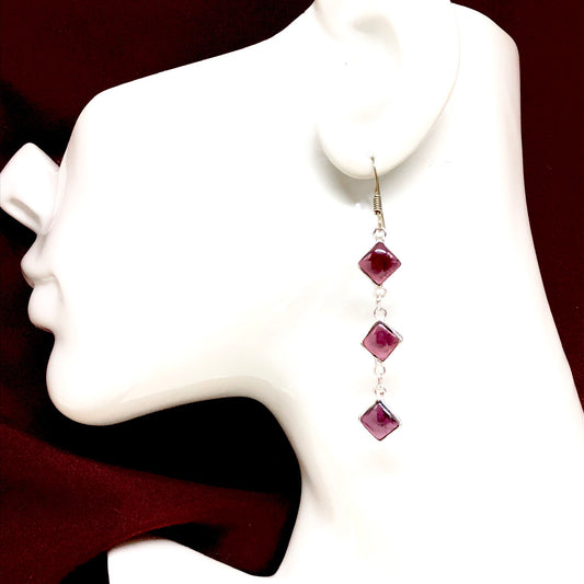 Long Sterling Silver Earrings, Handcrafted Kite cut Red Garnet Stone Sterling Silver Dangle Earrings
