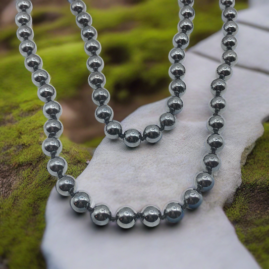 Stone Necklace, 32" Metallic Black 8mm Round Magnetoplumbite Hematite Bead Necklace - Blingschlingers Jewelry