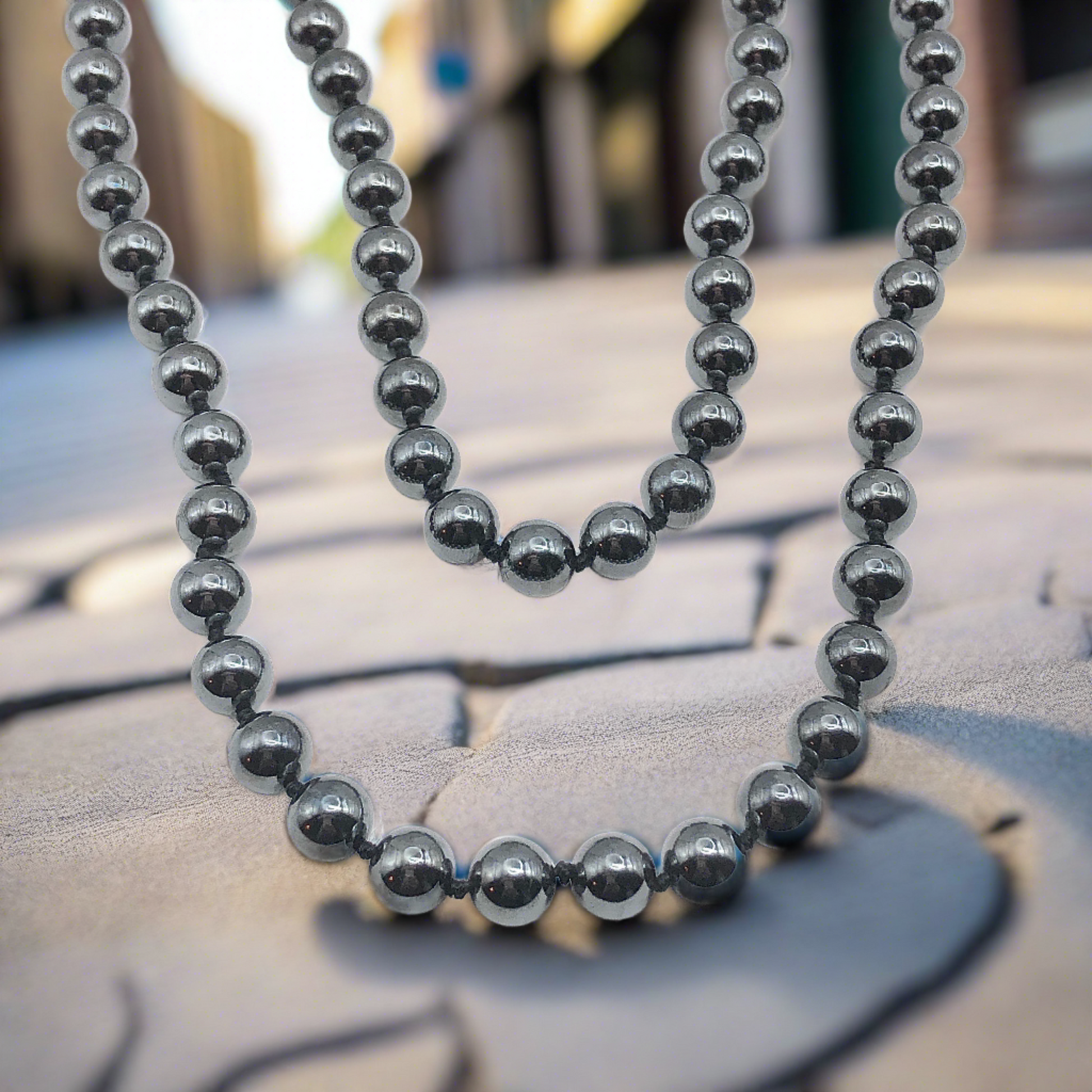 Stone Necklace, 32" Mens Womens Metallic Black 8mm Round Magnetoplumbite Hematite Land Pearl Style Bead Necklace