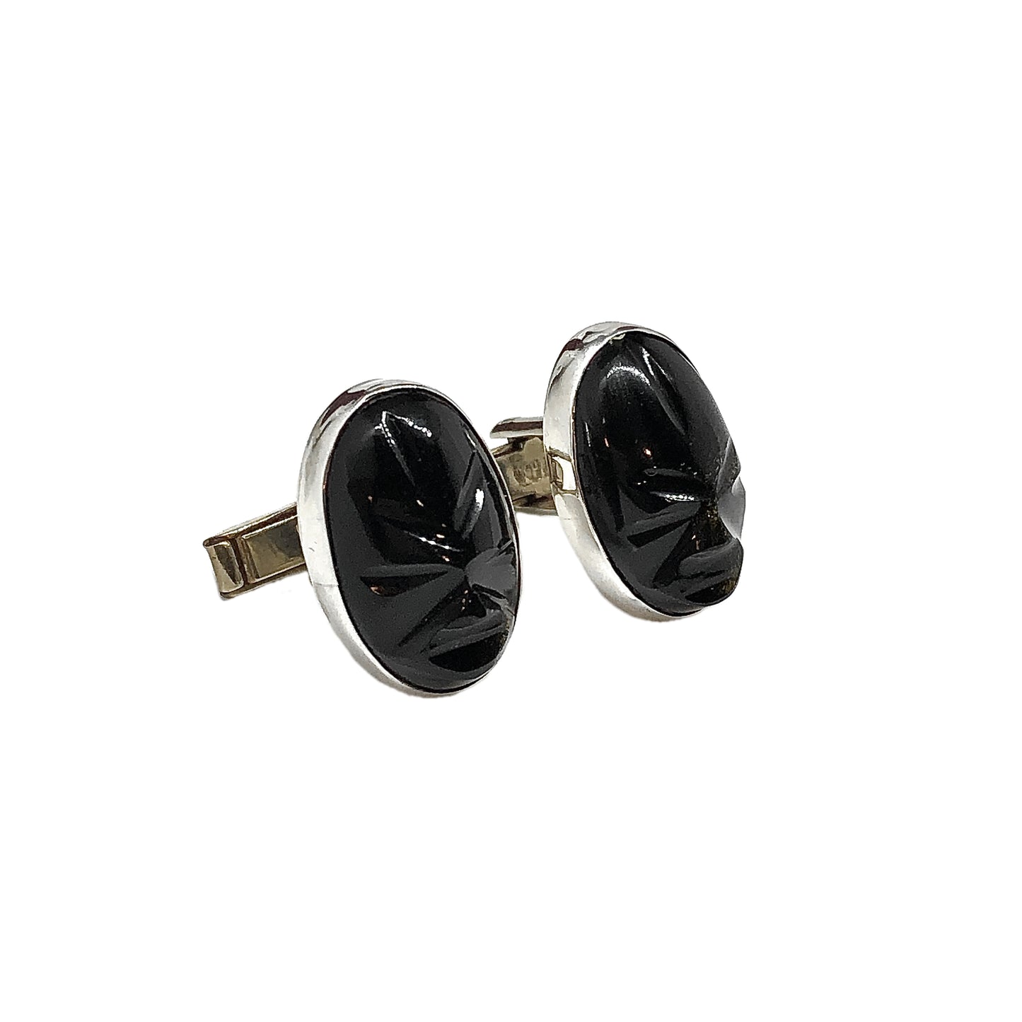 Buy Smart & Save, Vintage Jewelry | Exotic Black Golden Obsidian Carved Face Oval Sterling Silver Cufflinks