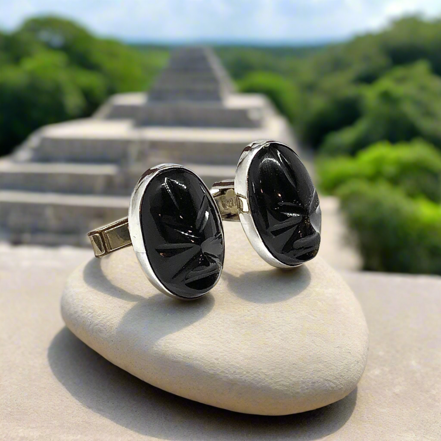 Mens Exotic Carved Black Golden Obsidian Sterling Silver Cufflinks