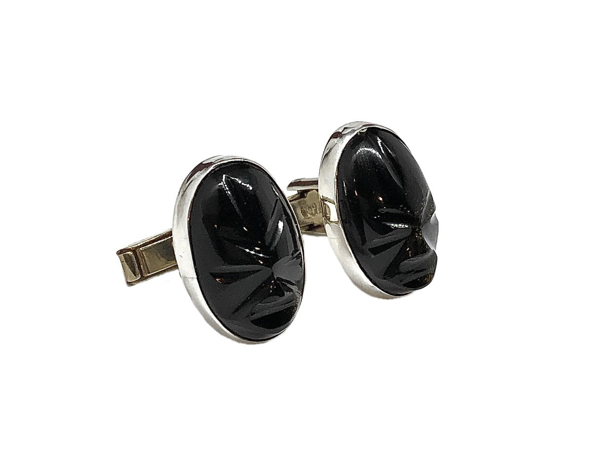 Vintage Mens Exotic Carved Black Golden Obsidian Sterling Silver Cufflinks