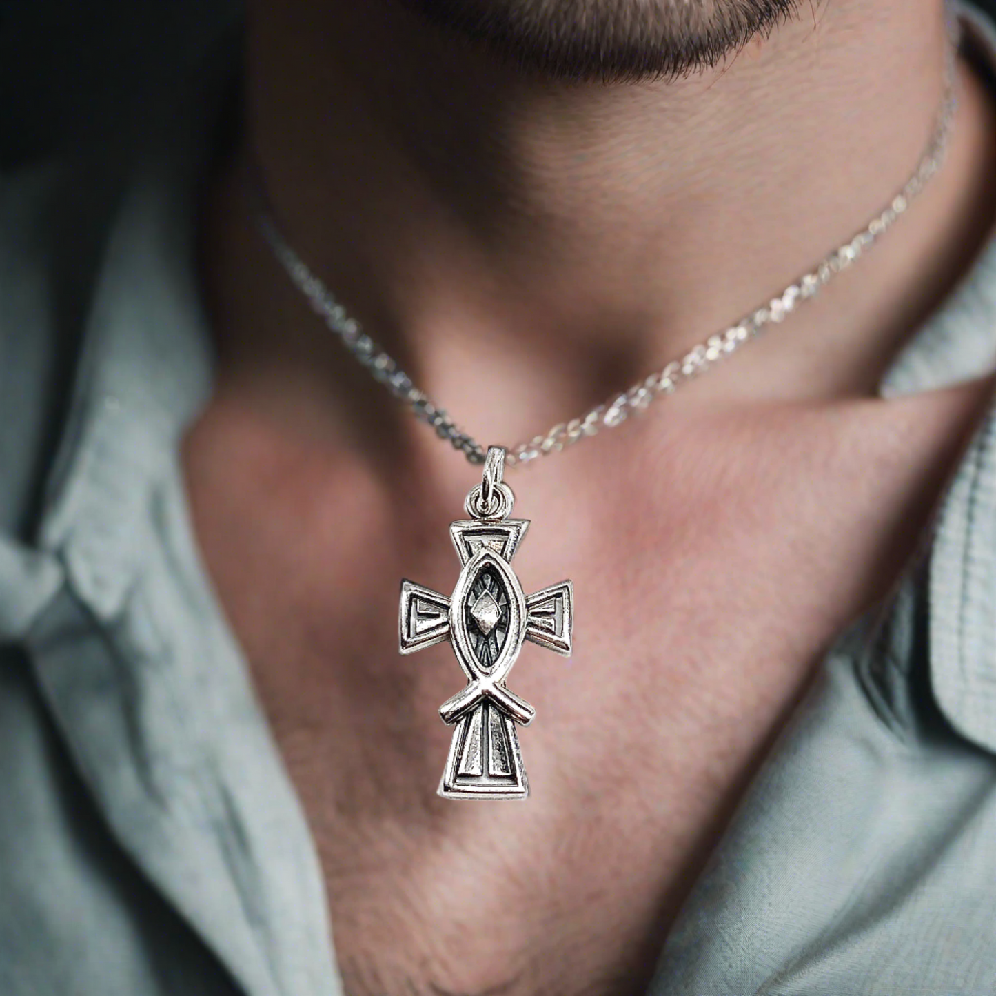 Celtic Style Ichthys Cross Sterling Silver Charm Pendant