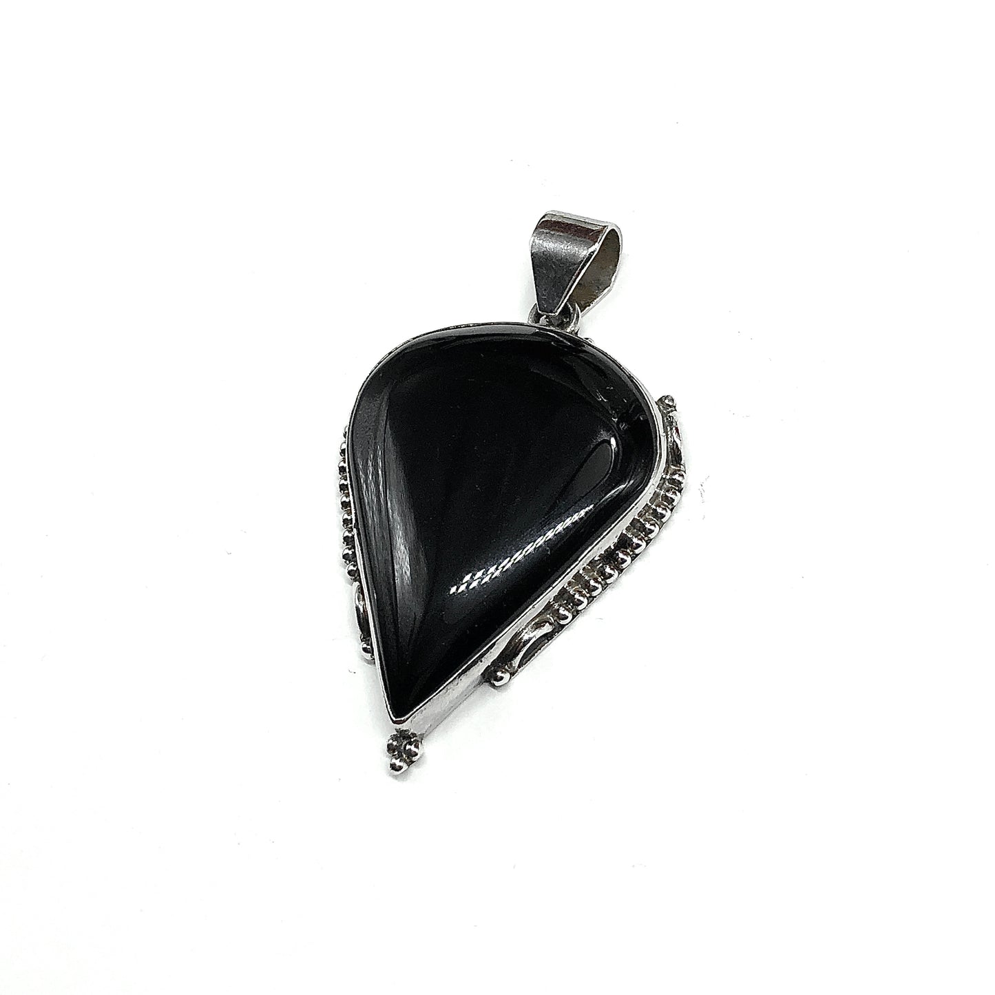 925 Sterling Silver Stone Pendant, Mens Womens Big Edgy Style Black Agate Upside-down Teardrop 925 Silver Pendant