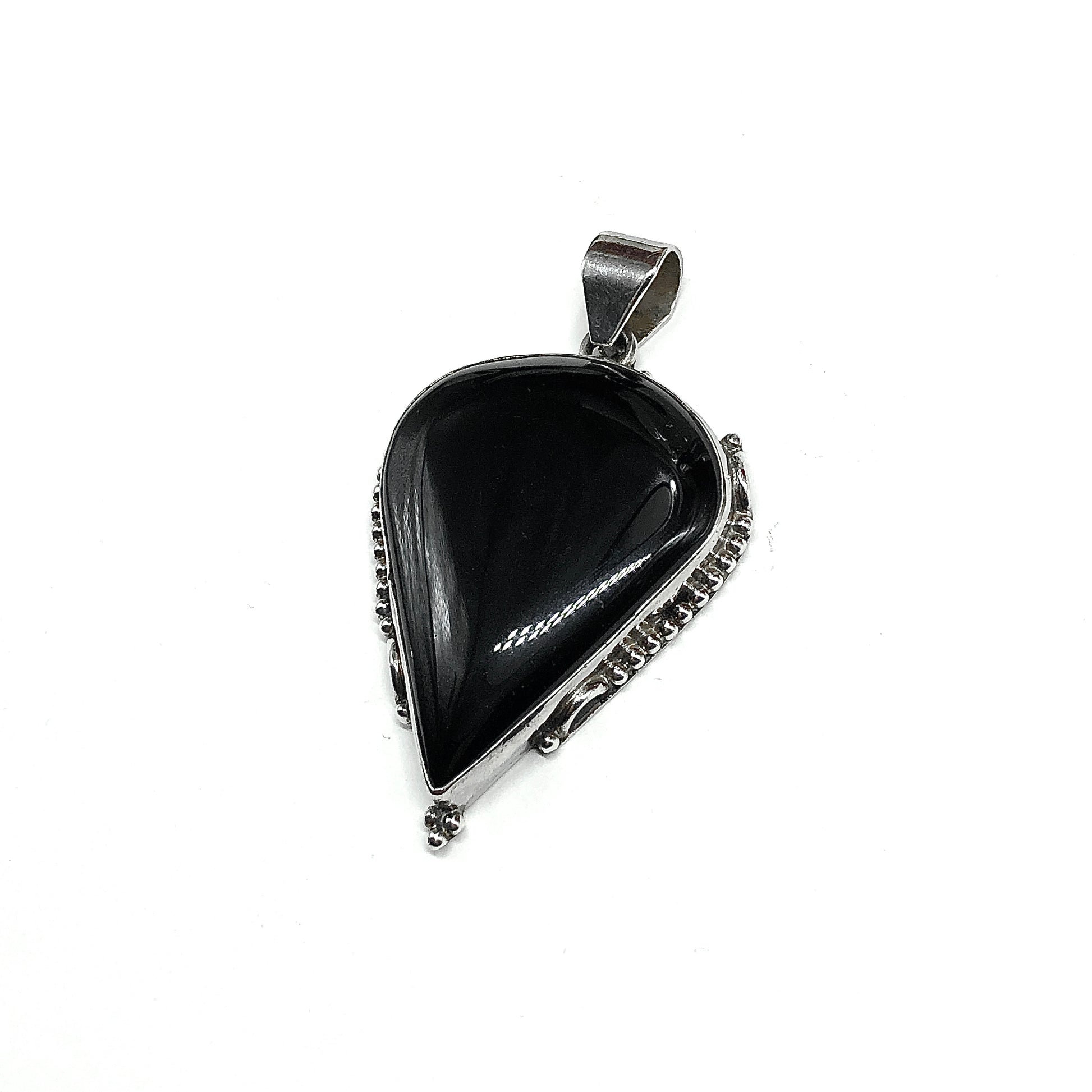 925 Sterling Silver Stone Pendant, Mens Womens Big Edgy Style Black Agate Upside-down Teardrop 925 Silver Pendant