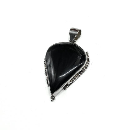 925 Sterling Silver Stone Pendant, Mens Womens Big Edgy Style Black Agate Upside-down Teardrop 925 Silver Pendant