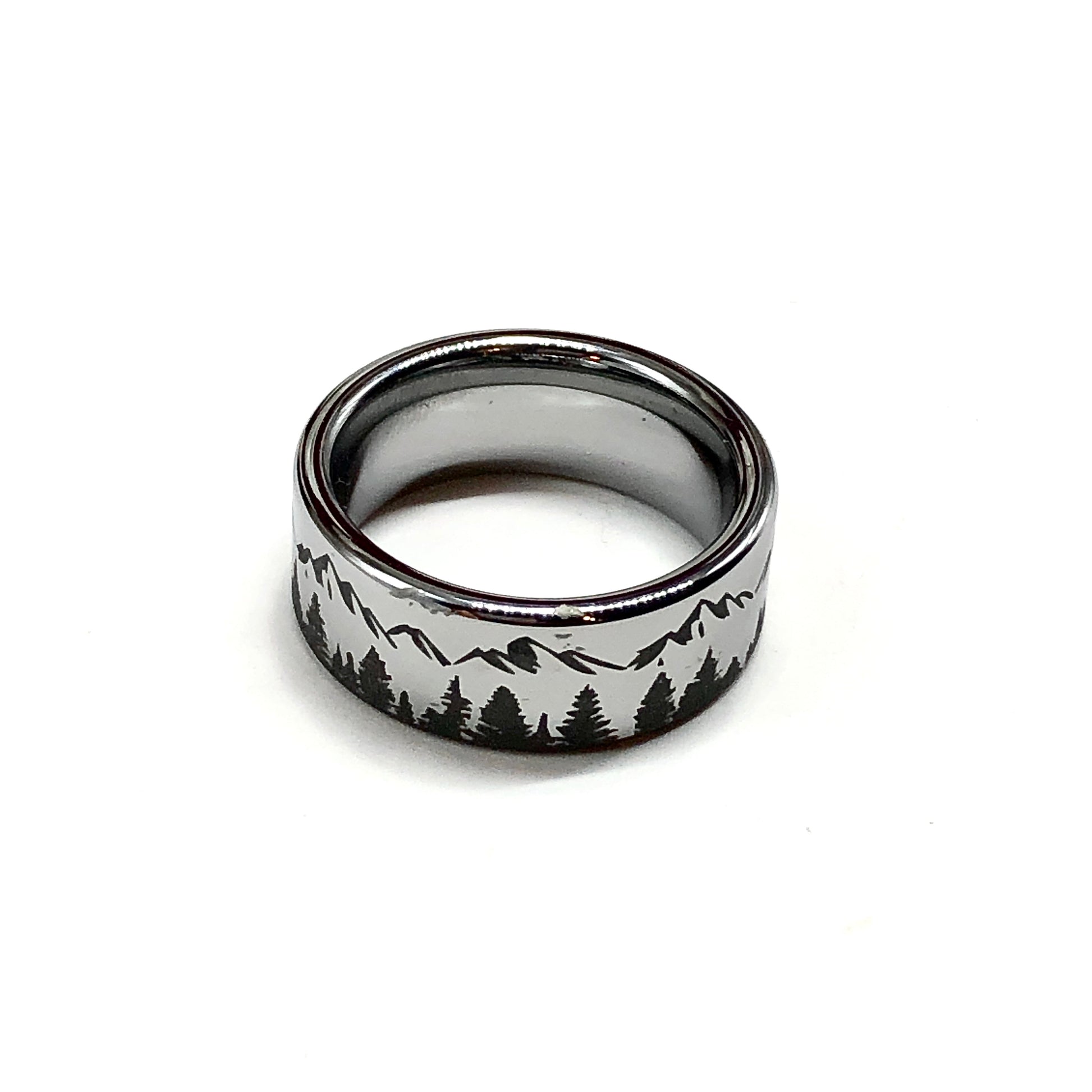Black Tungsten Carbide Band Ring, Preowned Pine Tree Mountain Pattern Band