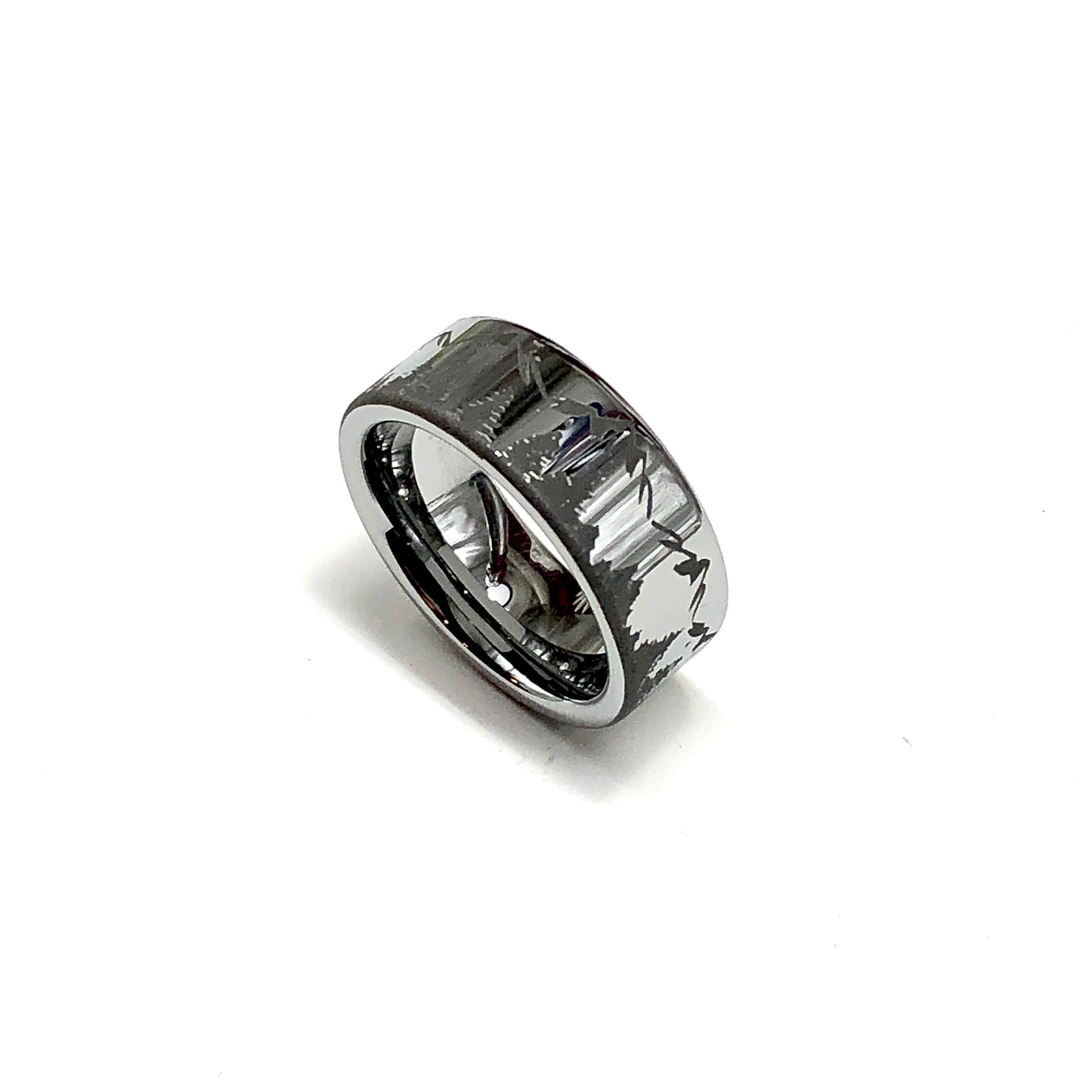 Black Tungsten Carbide Band Ring, Preowned Pine Tree Mountain Pattern Band
