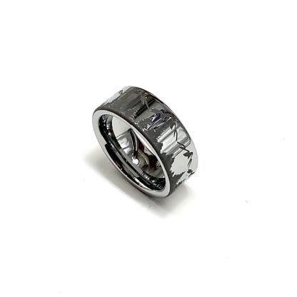Black Tungsten Carbide Band Ring, Preowned Pine Tree Mountain Pattern Band