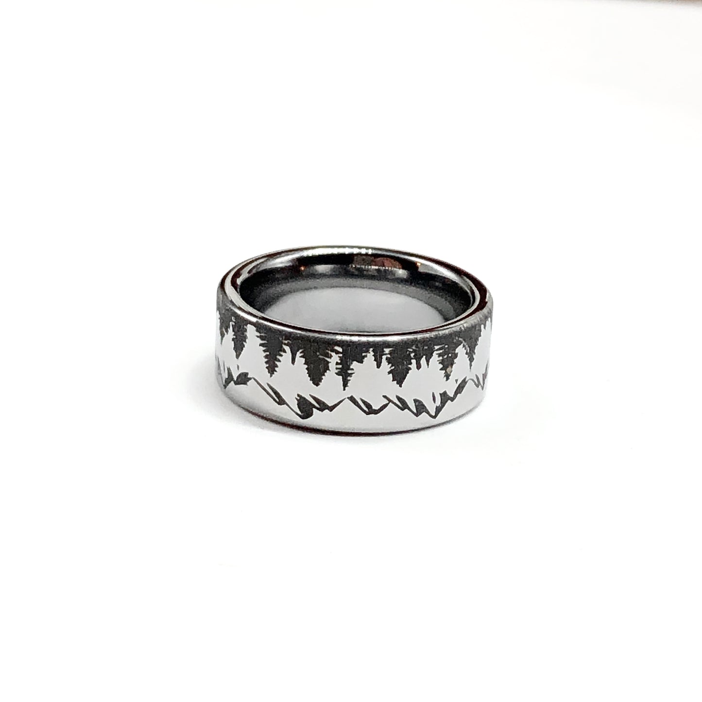 Metallic Black Tungsten Carbide Band Ring, Preowned Pine Tree Mountain Pattern Band