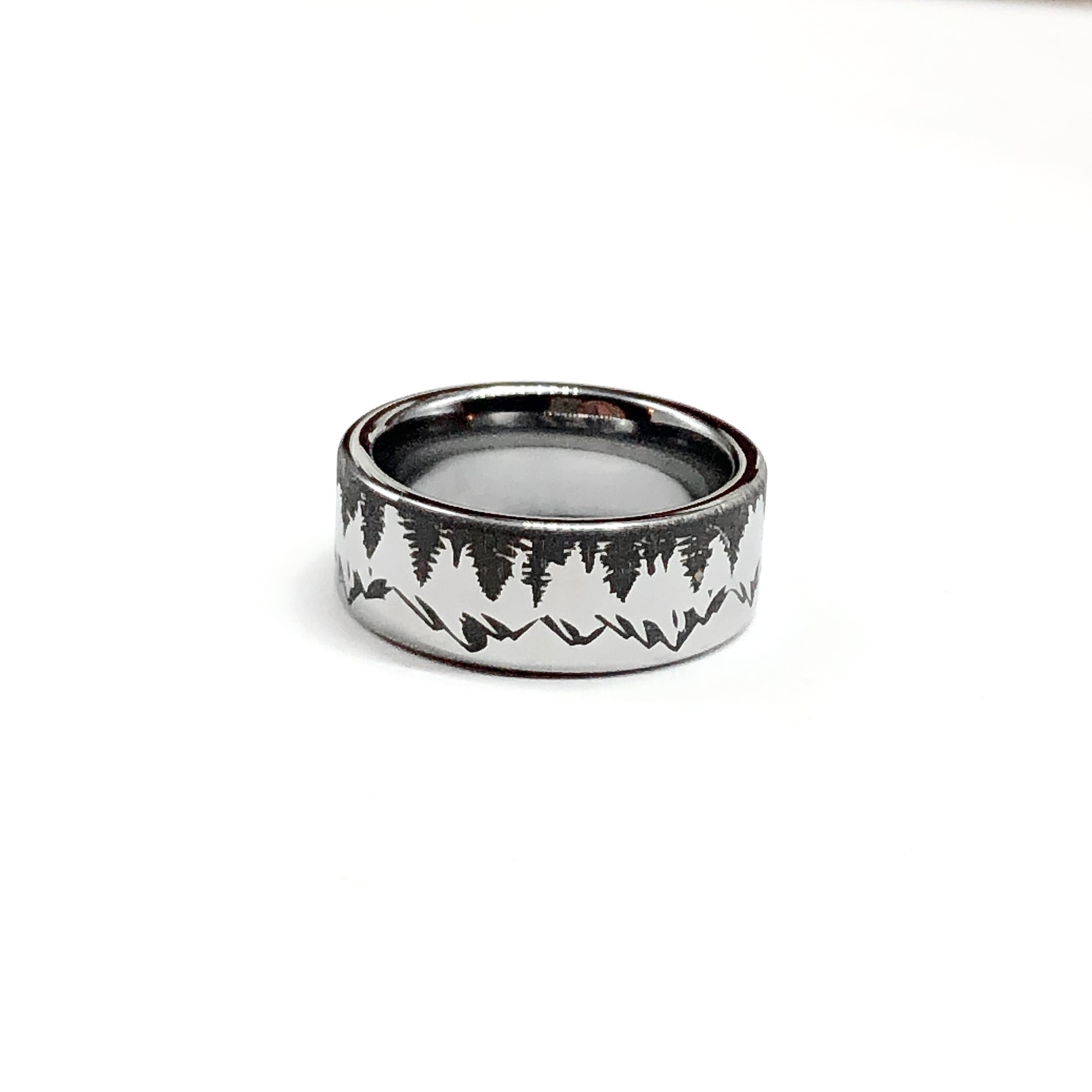 Metallic Black Tungsten Carbide Band Ring, Preowned Pine Tree Mountain Pattern Band