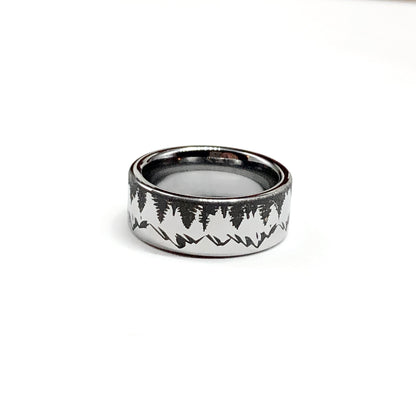 Metallic Black Tungsten Carbide Band Ring, Preowned Pine Tree Mountain Pattern Band