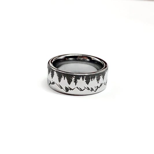 Metallic Black Tungsten Carbide Band Ring, Preowned Pine Tree Mountain Pattern Band