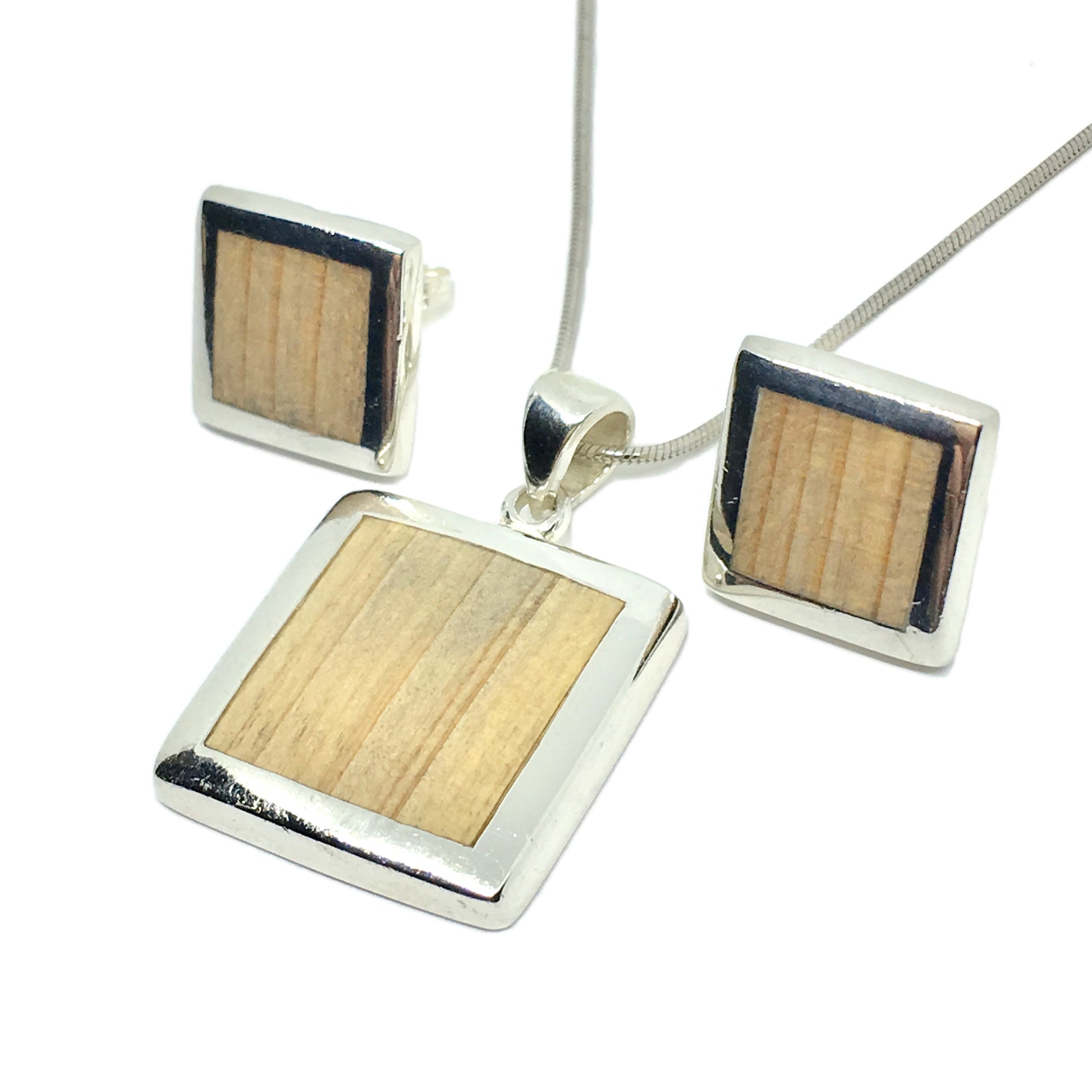 Matching Jewelry Set - Sterling Silver Natural Wood inlay Geometric Square Design Pendant Necklace & Earrings set - Blingschlingers.com - USA