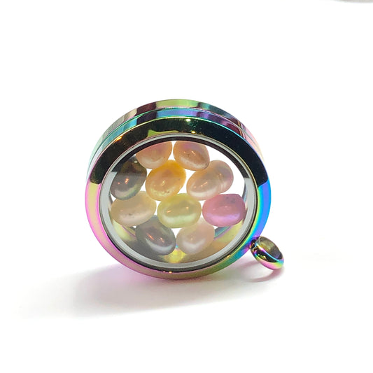 Floating Locket Pendant, Multicolor Pearls included Round Photo Locket Pendant