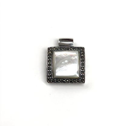 Flattering Mother of Pearl Marcasite Stone Pendant, Square Shape Sterling Silver Pendant for Women