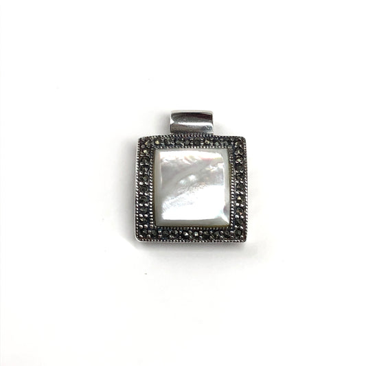 Flattering Mother of Pearl Marcasite Stone Pendant, Square Shape Sterling Silver Pendant for Women