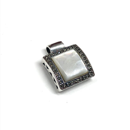 Discount Estate Jewelry - Flattering Mother of Pearl Marcasite Stone Pendant, Sterling Silver Pendant for Women