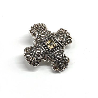 Chunky Style Citrine Scroll Design Sterling Silver Cross Pendant