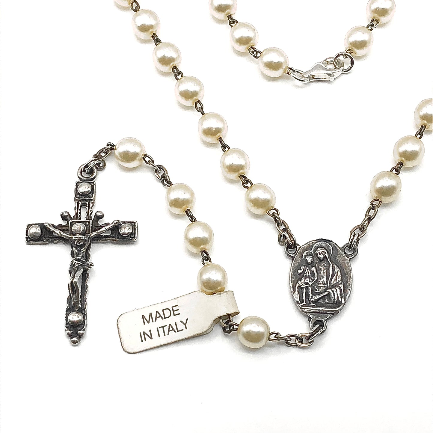 23in Sterling Silver Necklace, Pearl Style Rosary Beads Crucifix Cross Pendant