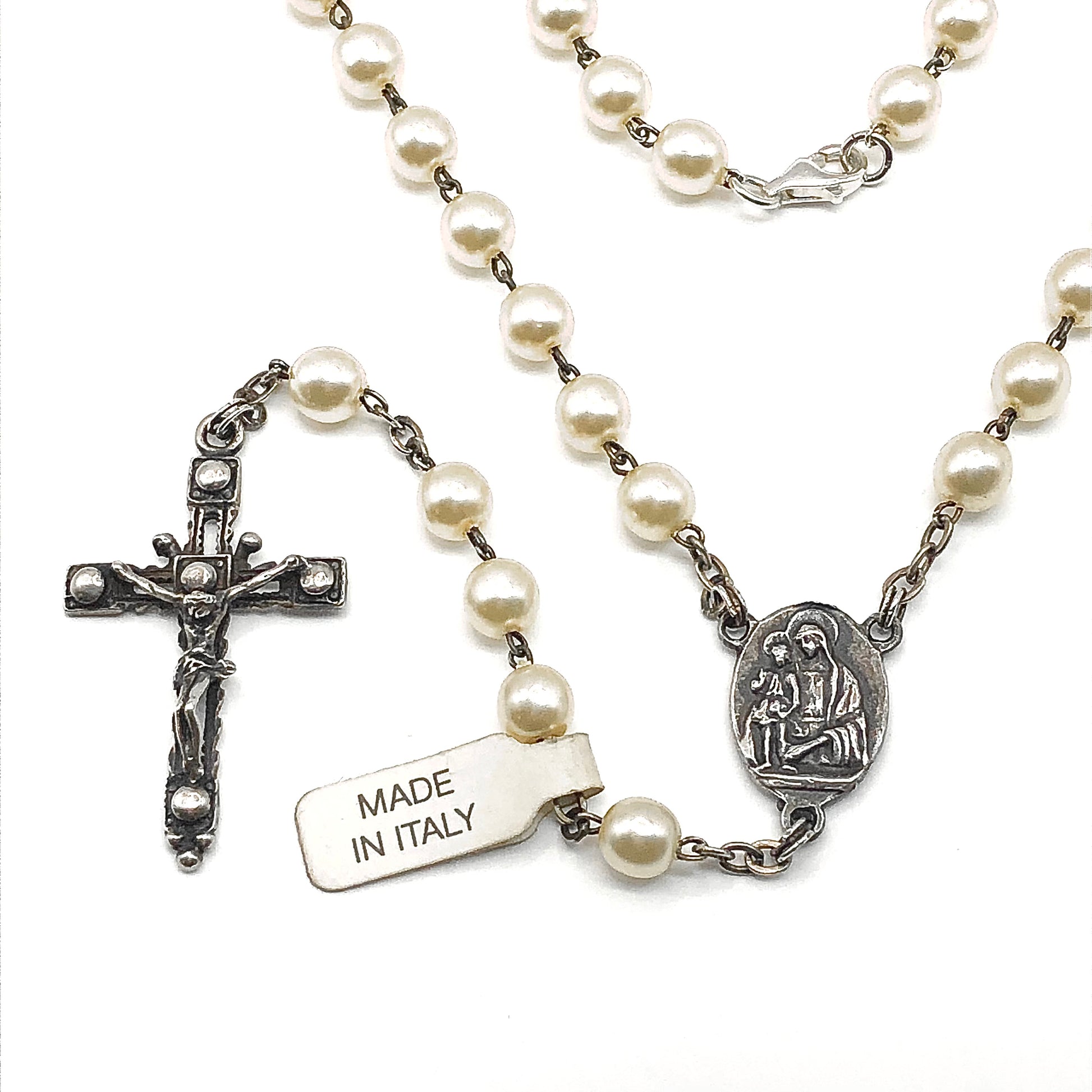23in Sterling Silver Necklace, Pearl Style Rosary Beads Crucifix Cross Pendant