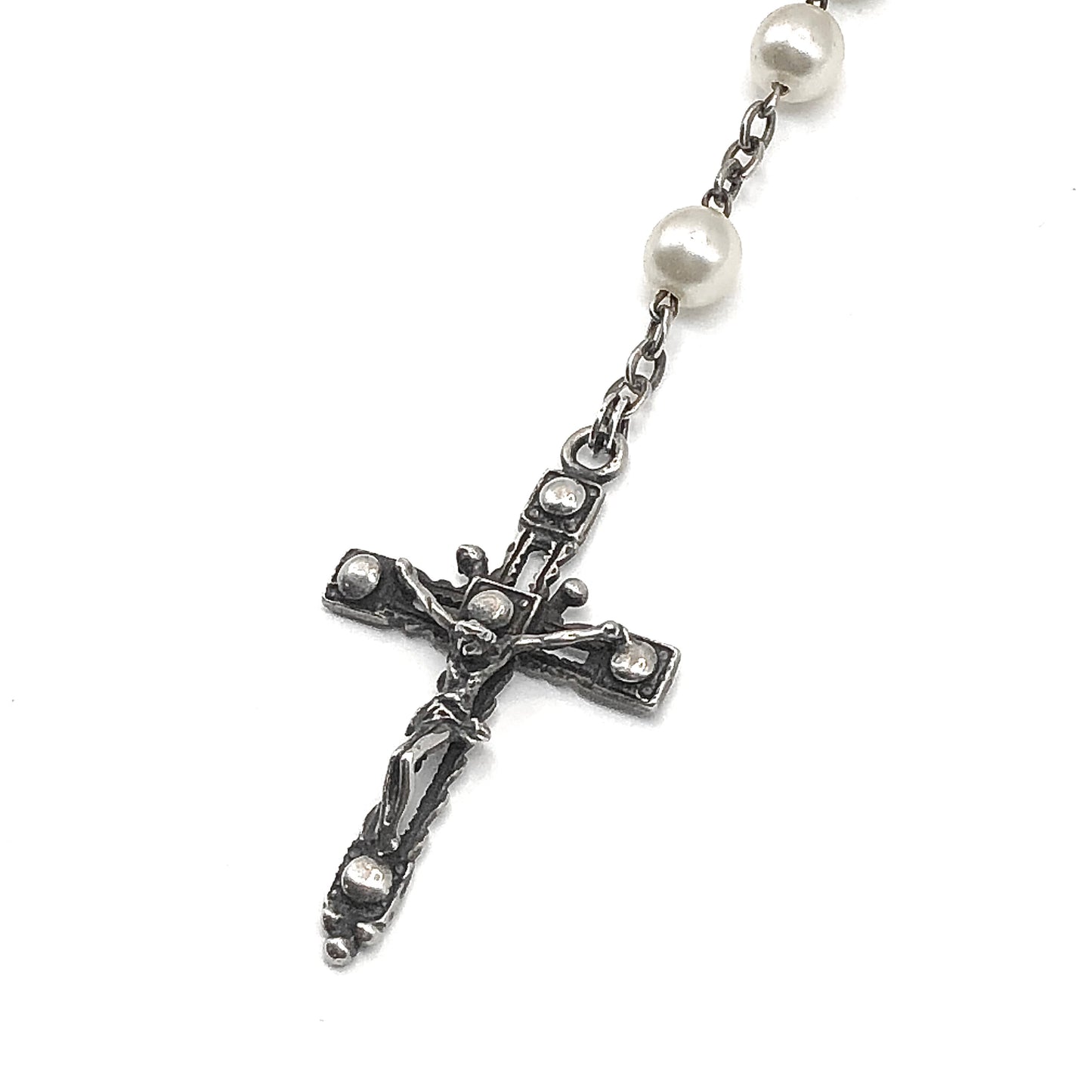 23in Sterling Silver Necklace, White Pearl Style Rosary Beads Crucifix Cross Pendant
