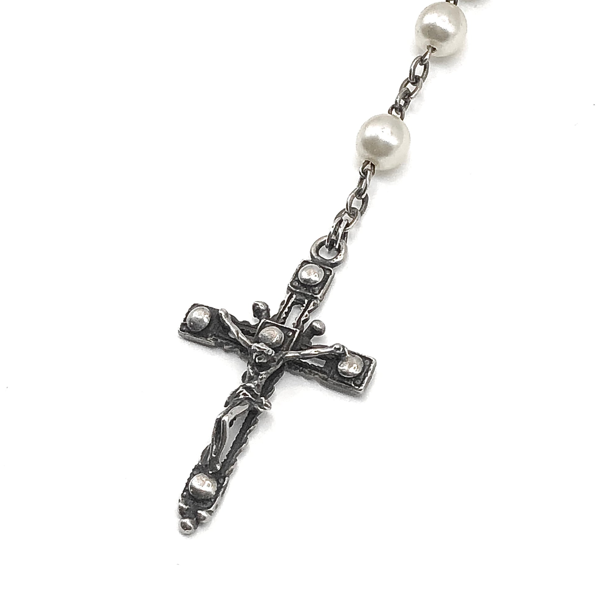 23in Sterling Silver Necklace, White Pearl Style Rosary Beads Crucifix Cross Pendant