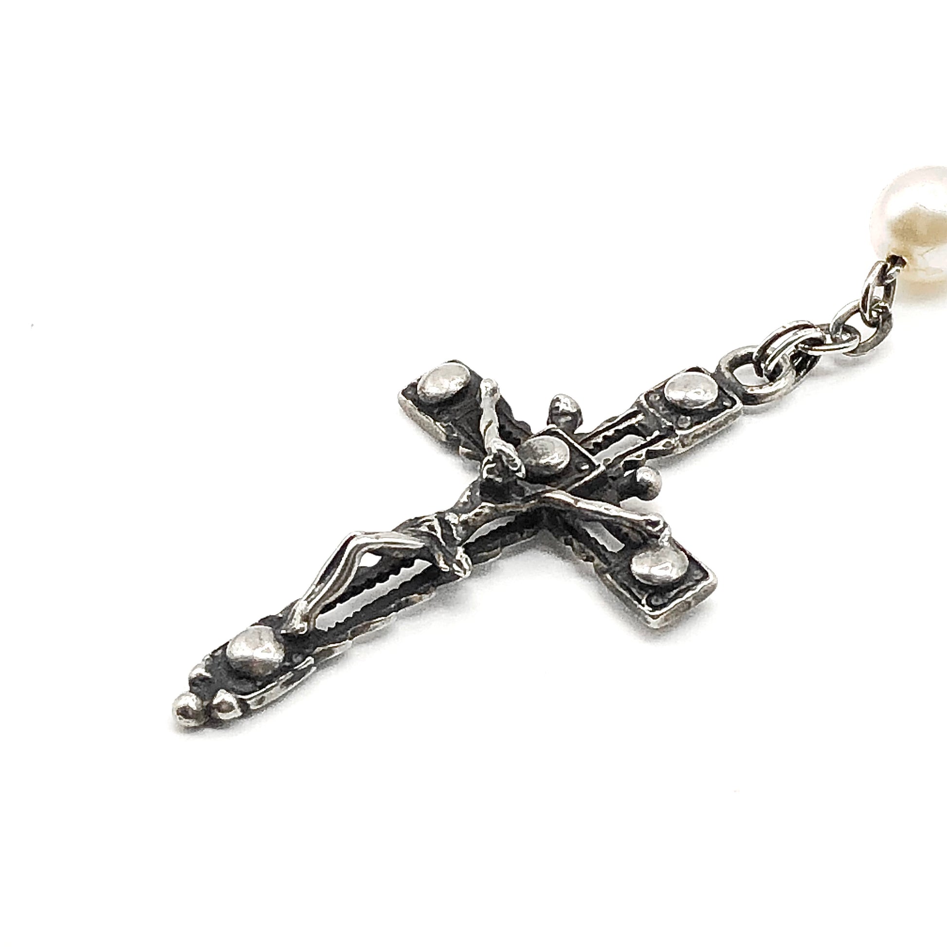23in Sterling Silver Necklace, White Pearl Style Rosary Beads Cross Pendant